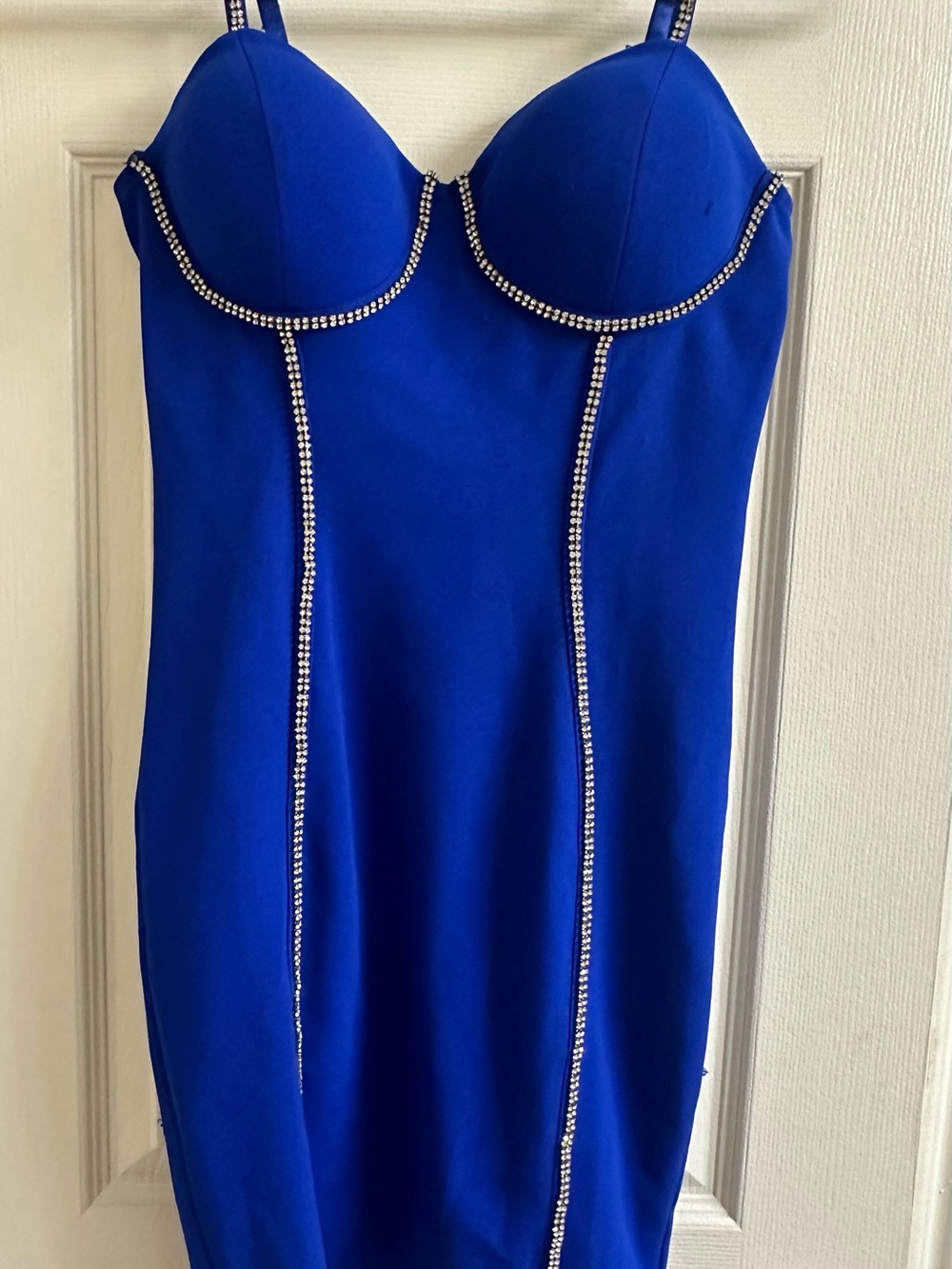 Entry Cobalt Blue Strapless Rhinestone-Trim Bodycon Dress